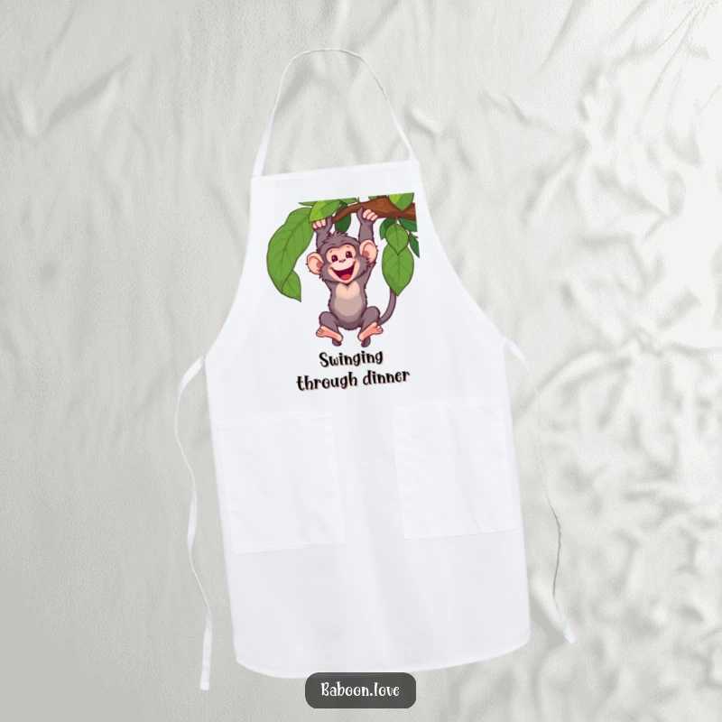 Funny Apron: A happy baboon swings with enthusiasm from a vine, designed for the adventurous cook seeking a humorous and functional kitchen accessory.