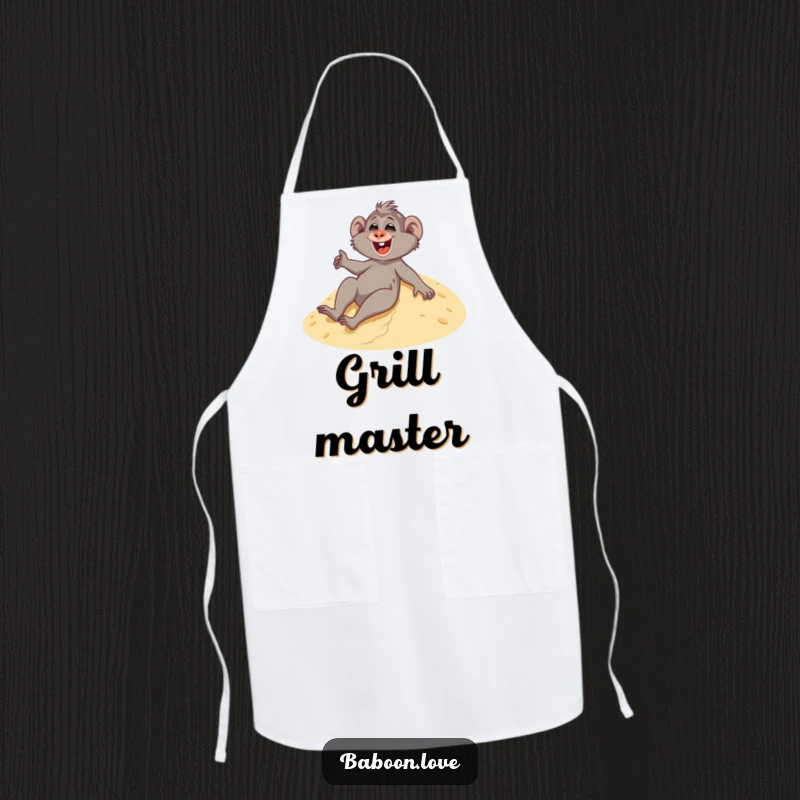 Funny apron showing a giggling baboon sliding down a sandy dune, perfect for kitchen tasks and adding a humorous touch.
