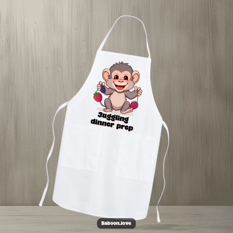 Funny Apron: A grinning baboon juggles colorful berries, designed for the skillful cook seeking a humorous and functional kitchen accessory.