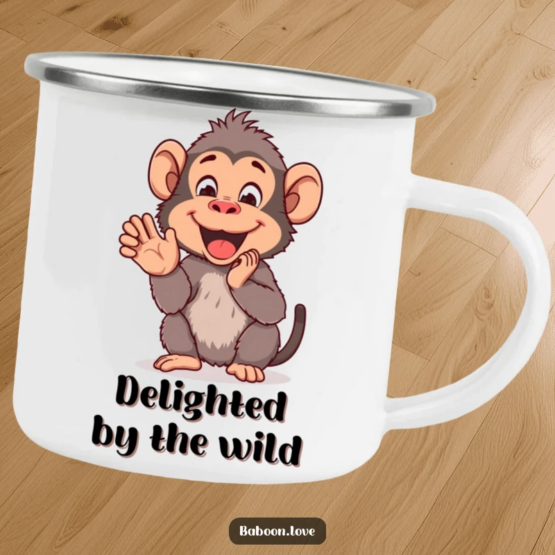 Funny Camping Mug: A cheerful baboon claps its hands with delight, a durable and humorous mug for adventurers who appreciate joyful moments.