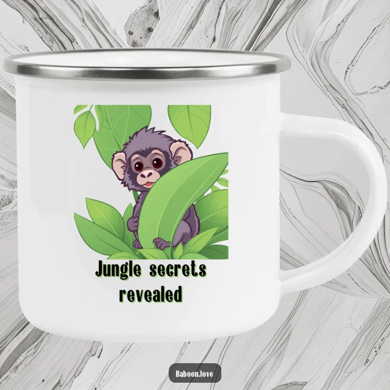 Funny Camping Mug: A curious baboon peeks from jungle foliage, a durable and humorous mug for adventurers who enjoy a good look.