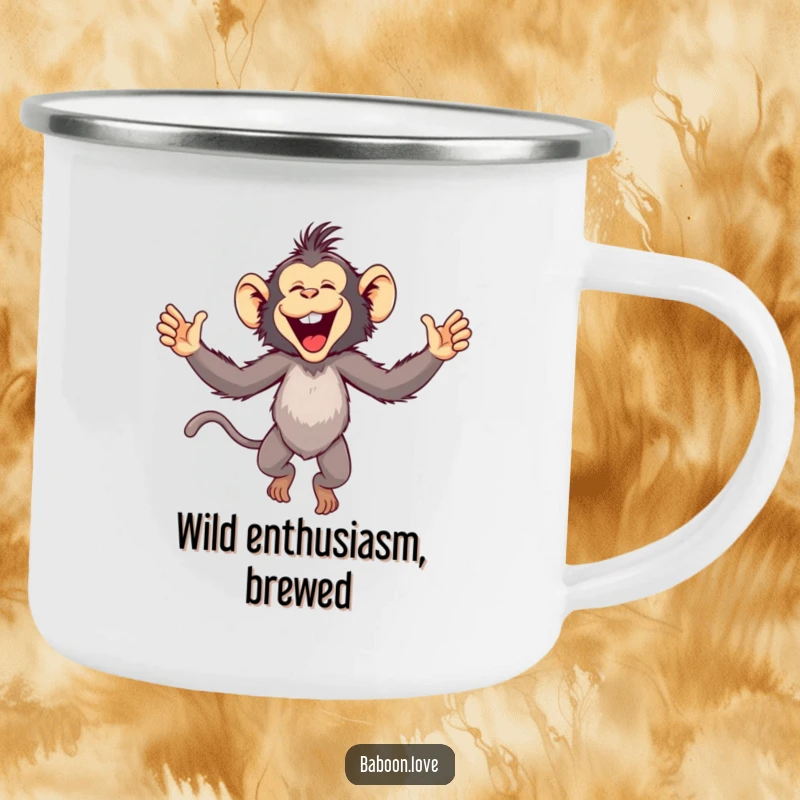 Funny Camping Mug: A playful baboon leaps with arms outstretched, perfect for adventurers needing a humorous and durable drink holder outdoors.