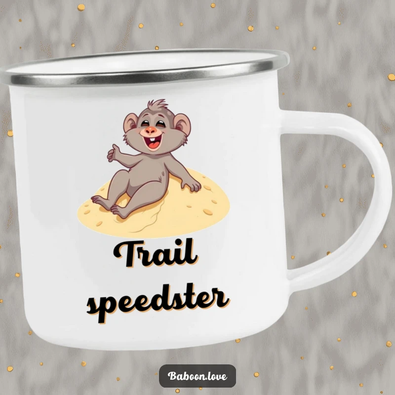 Funny camping mug with a giggling baboon sliding down a sandy dune, perfect for outdoor trips and keeping spirits high.