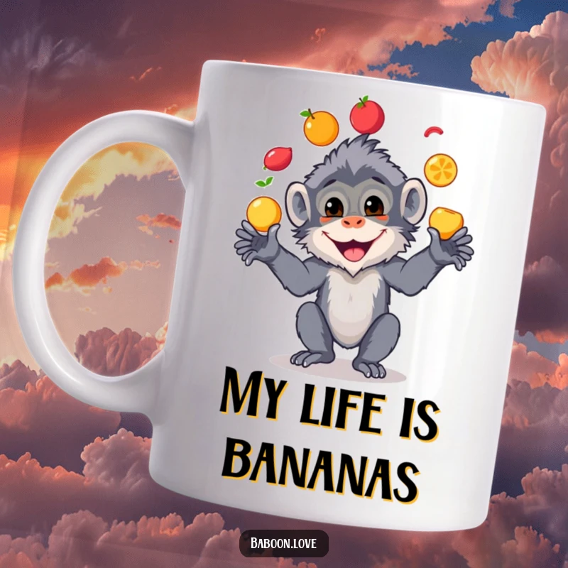 Funny mug featuring a cheerful baboon expertly juggling colorful fruits, showcasing its impressive and comical skill with a wide grin.