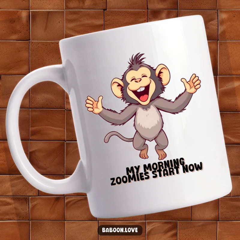 Funny Mug: A playful baboon joyfully leaps with arms outstretched, embodying pure excitement and happiness for a great gift.