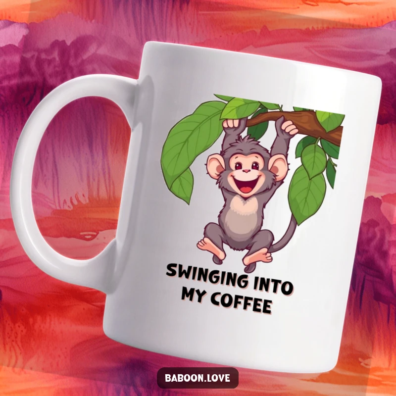 Funny Mug: A happy baboon enthusiastically swings from a sturdy vine, capturing pure joy and a love for adventure in a fun design.