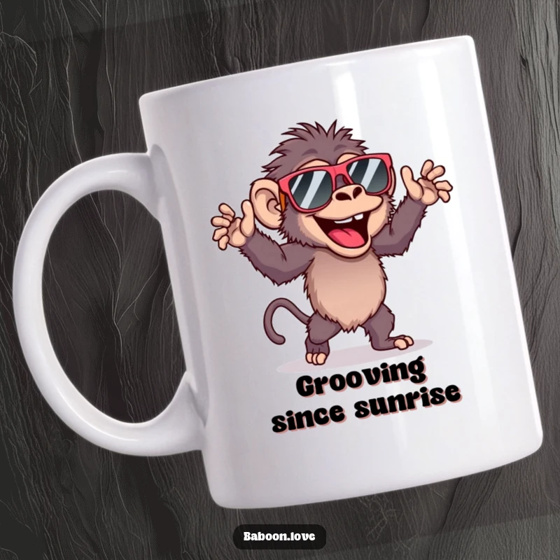 Funny baboon wearing oversized sunglasses, dancing energetically with a joyful expression on a coffee mug.