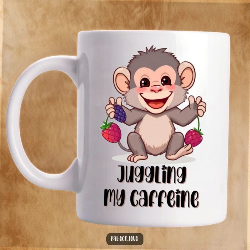 Funny Mug: A grinning baboon juggles three colorful berries with impressive skill, showcasing a humorous and delightful primate talent.