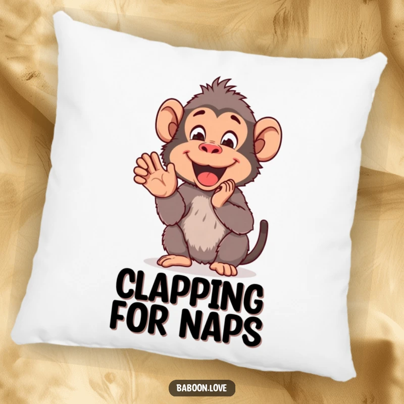 Funny Pillow: A cheerful baboon claps its hands with delight, a soft, humorous, and joyful cushion for any comfortable space.