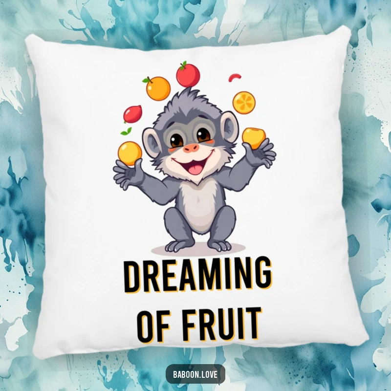 Funny pillow showcasing a cheerful baboon artistically juggling a variety of colorful fruits, perfect for adding humor to any room.