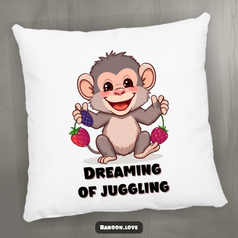 Funny Pillow: A grinning baboon juggles colorful berries, a soft, humorous, and delightful cushion for any cozy space or decor accent.