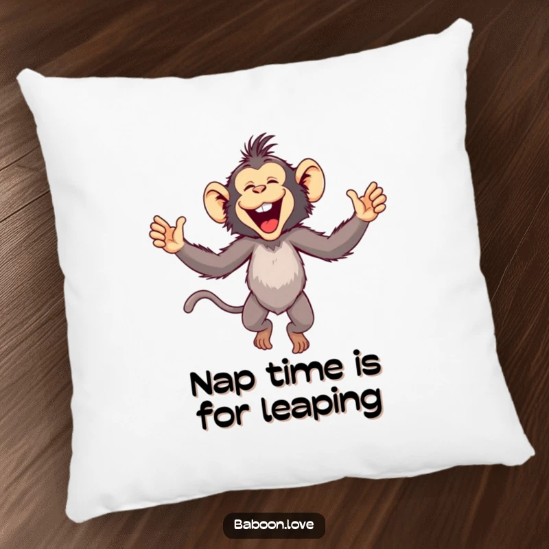 Funny Pillow: A playful baboon leaps with arms outstretched, a soft and humorous cushion embodying pure happiness for decor.