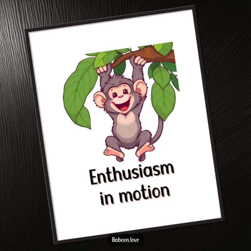 Funny Digital Art Print: A happy baboon swings with great enthusiasm from a vine, offering instant, energetic, and humorous decor for any room.