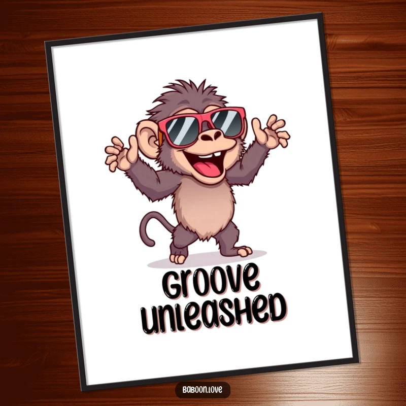 Funny, printable digital art of a baboon in oversized sunglasses dancing with uninhibited joy and energetic movement.