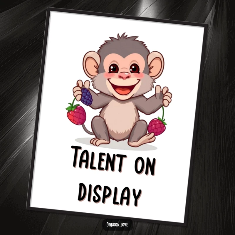 Funny Digital Art Print: A grinning baboon juggles three colorful berries, offering instant, whimsical, and humorous decor for any room.