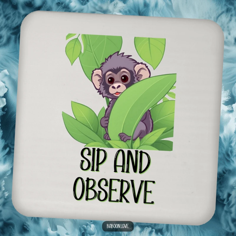 Funny Coaster: A curious baboon peeks from behind jungle leaves, providing humorous protection for surfaces and adding a touch of intrigue.