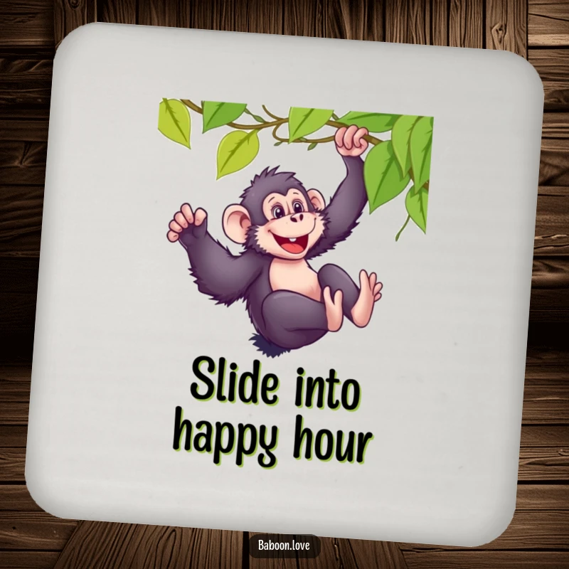 Funny drink coasters showing a mischievous baboon sliding down a vine with glee, protecting tables with humor and style.