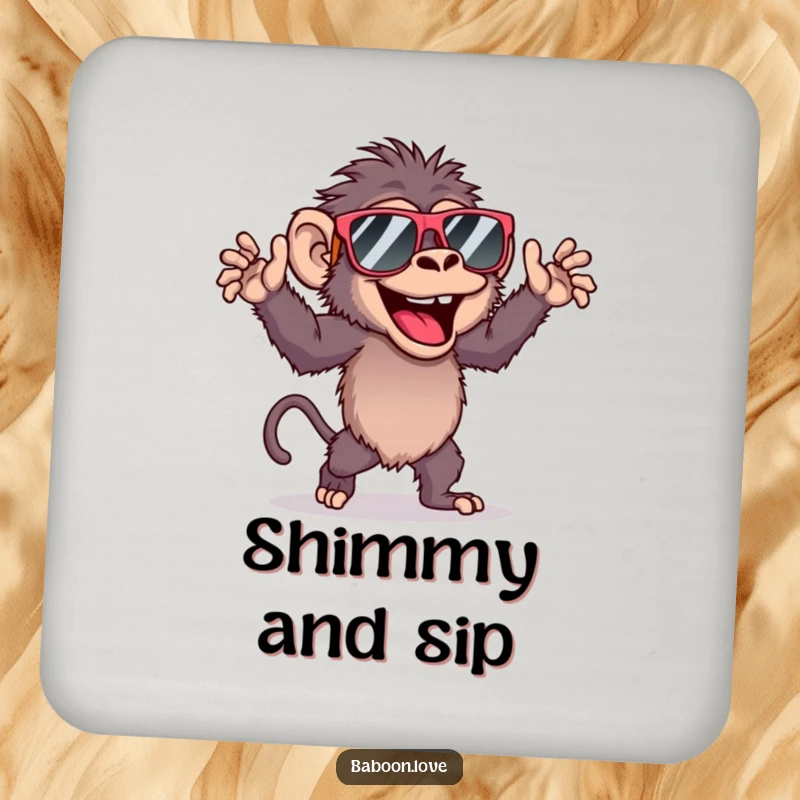 Funny set of drink coasters featuring a baboon dancing energetically in sunglasses, protecting surfaces with style and humor.