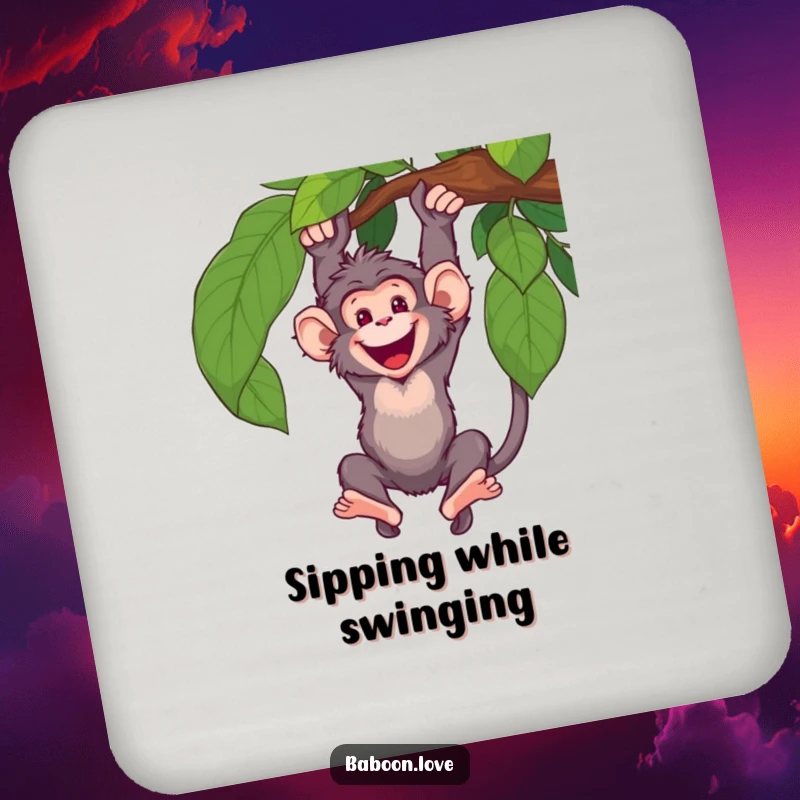 Funny Coaster: A happy baboon swings with enthusiasm from a vine, offering humorous protection for surfaces and adding a touch of excitement.