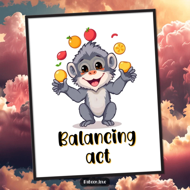 Funny poster featuring a smiling baboon in the act of juggling several bright, colorful fruits with impressive dexterity.