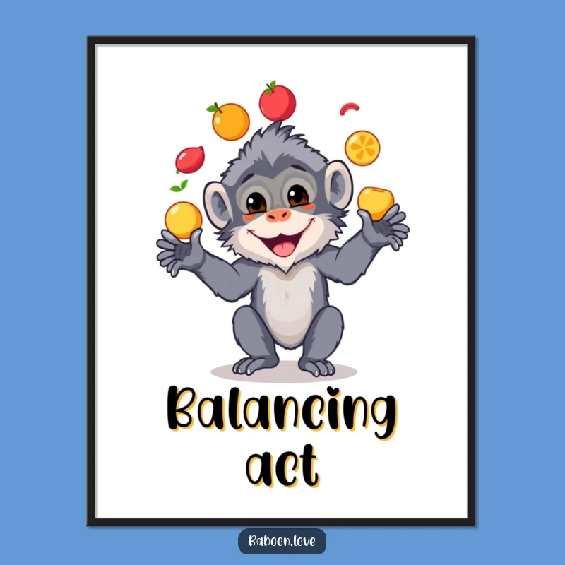 Funny Baboon Fruit Juggling Poster - Vibrant Wall Art!