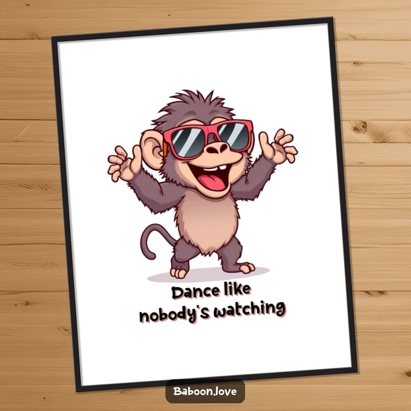 Funny, high-quality poster print of a baboon dancing energetically while wearing cool, oversized sunglasses, full of life.