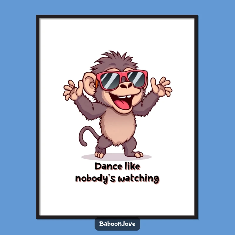 Funny Baboon Dancing Poster, Vibrant Primate Art with Sunglasses for Wall Decor