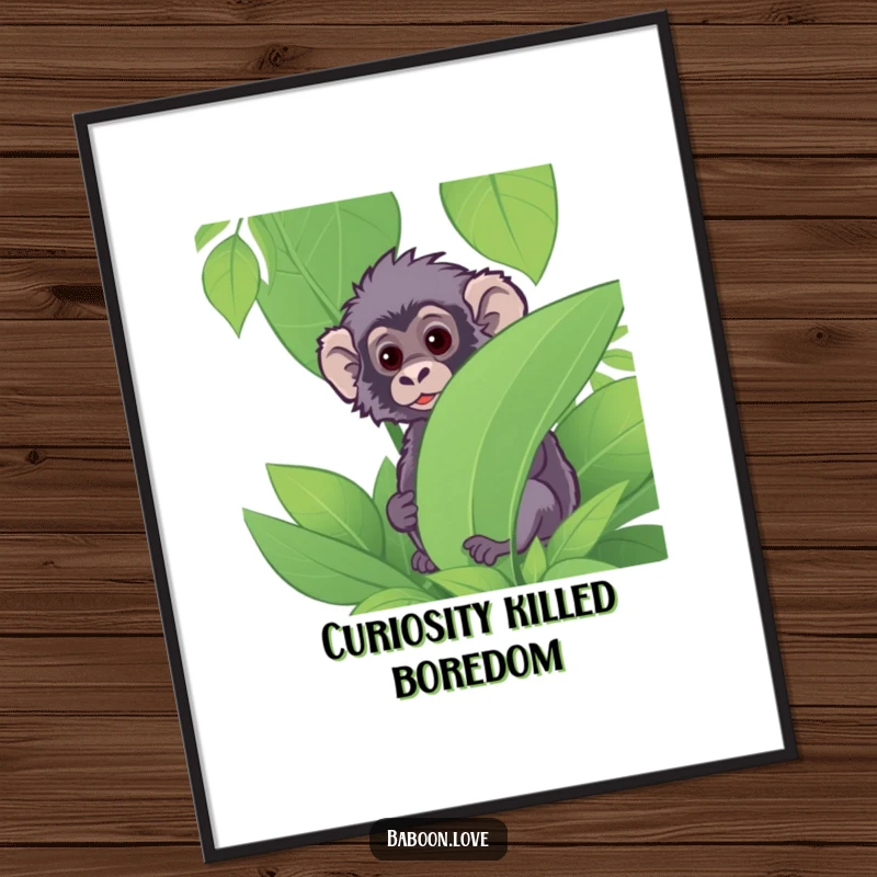Funny Poster: A curious baboon peeks mischievously from behind large jungle leaves, creating intriguing and humorous wall art for any room.