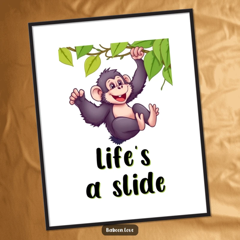 Funny, dynamic poster print of a mischievous baboon sliding gleefully down a vine, capturing movement and pure delight.