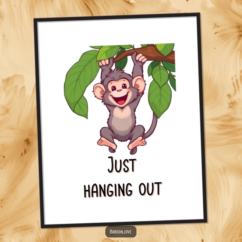 Funny Poster: A happy baboon swings with great enthusiasm from a sturdy vine, bringing a dynamic and humorous element to wall decor.