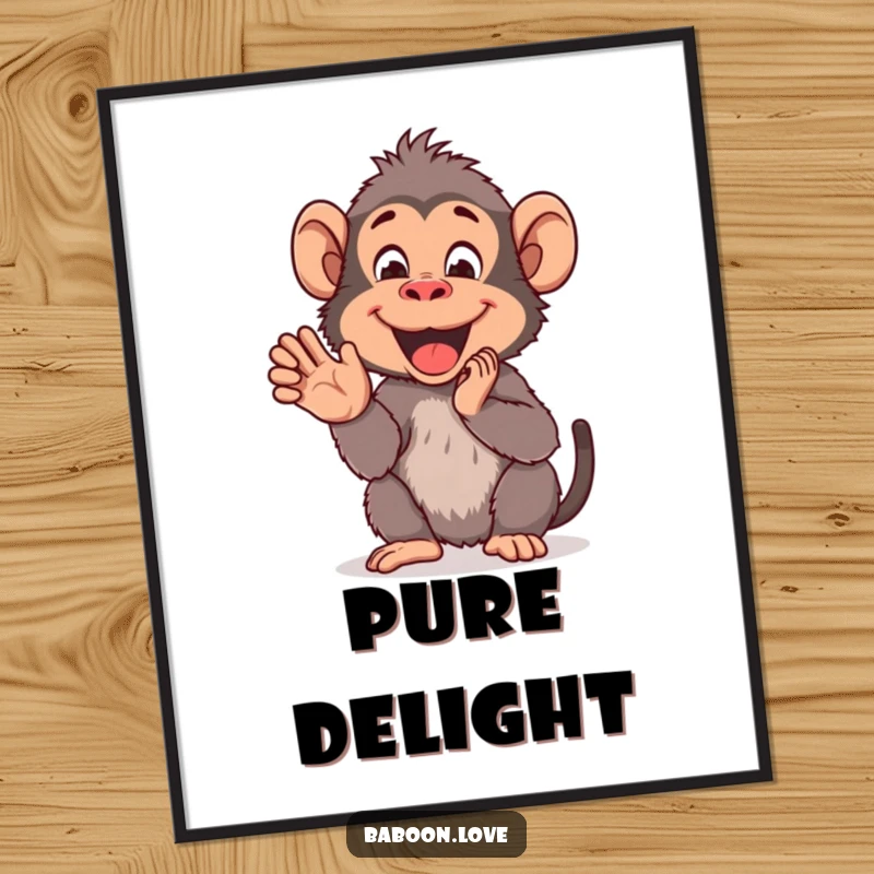 Funny Poster: A cheerful baboon claps its hands together in pure delight, creating an uplifting and humorous piece of art for any room.