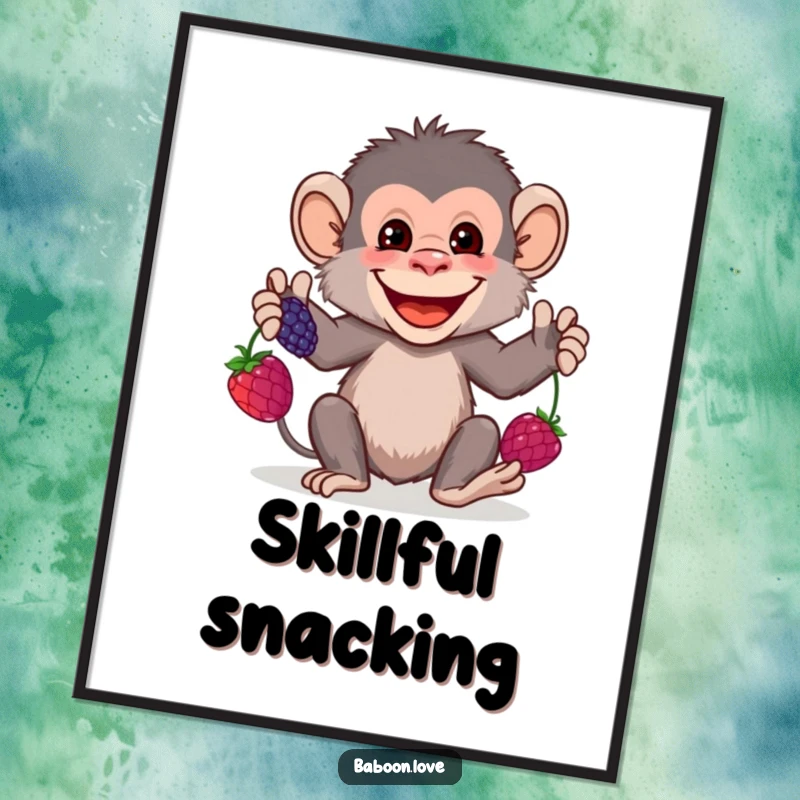 Funny Poster: A grinning baboon juggles three colorful berries, creating a visually engaging and humorous piece of art for wall decoration.