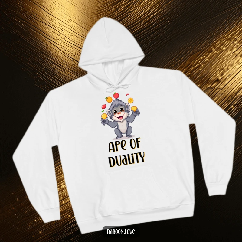 Funny hoodie depicting a happy baboon skillfully juggling a mix of colorful fruits, radiating joy and playful energy.