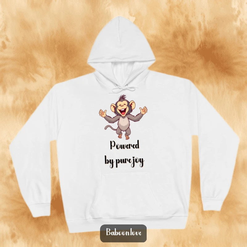 Funny Hoodie: A playful baboon leaps with arms outstretched in sheer joy, a cozy and humorous statement piece for gifting.