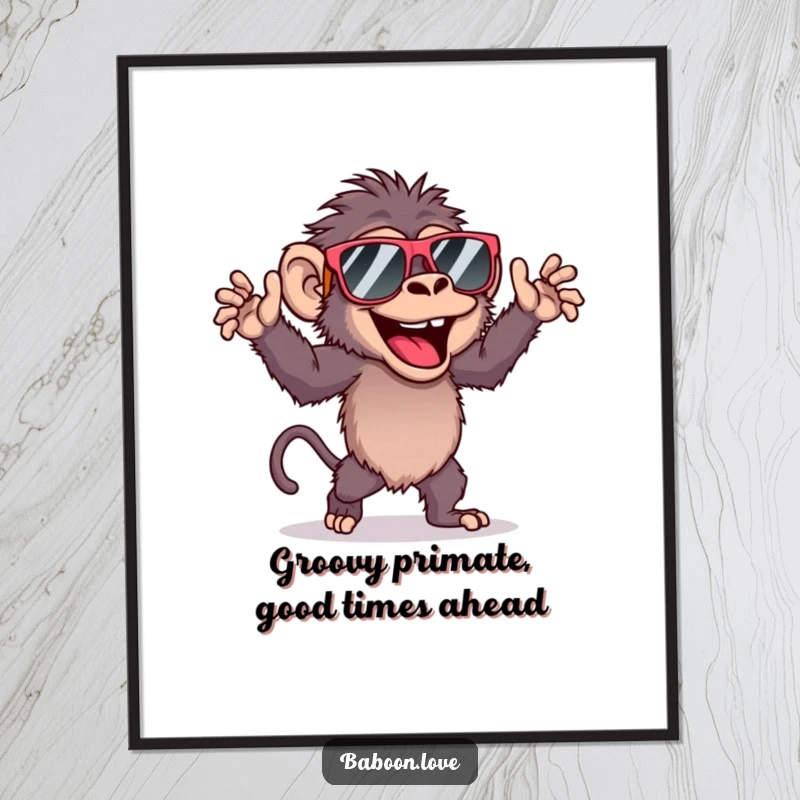 Funny Free Printable Wall Art: Joyful baboon in sunglasses dancing energetically, hilarious downloadable art for quirky decor.