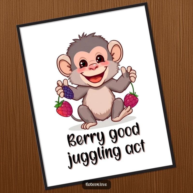 Funny Free Printable Wall Art: A grinning baboon juggling three bright berries with impressive dexterity, a fun jungle scene.