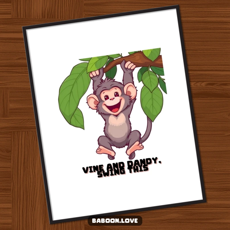 Funny Free Printable Wall Art: An energetic baboon swinging with gusto from a sturdy jungle vine, radiating happiness.