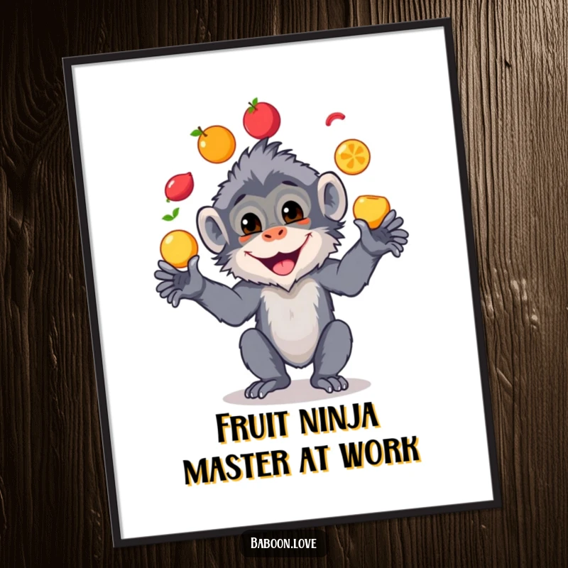 Funny Free Printable Wall Art of a beaming baboon gleefully juggling an assortment of bright, colorful fruits, adding cheer to any wall.