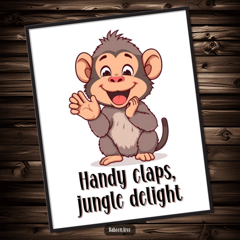 Funny Free Printable Wall Art: A cheerful baboon clapping its hands together with pure delight, spreading happiness.