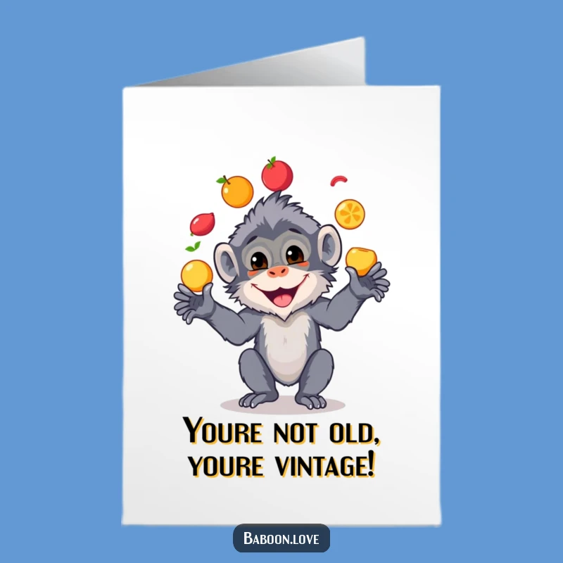 Free Printable Birthday Card: Funny Baboon Juggling Fruits, Hilarious Downloadable Gift for Him or Her