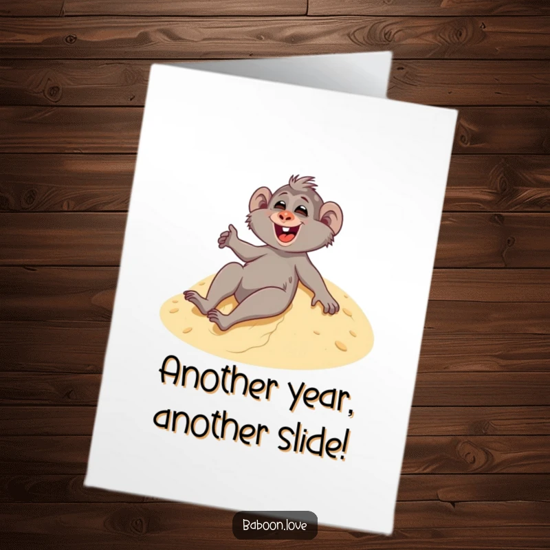 Funny Free Printable Birthday Card showing a joyful baboon giggling uncontrollably while sandboarding down a golden dune with flair.