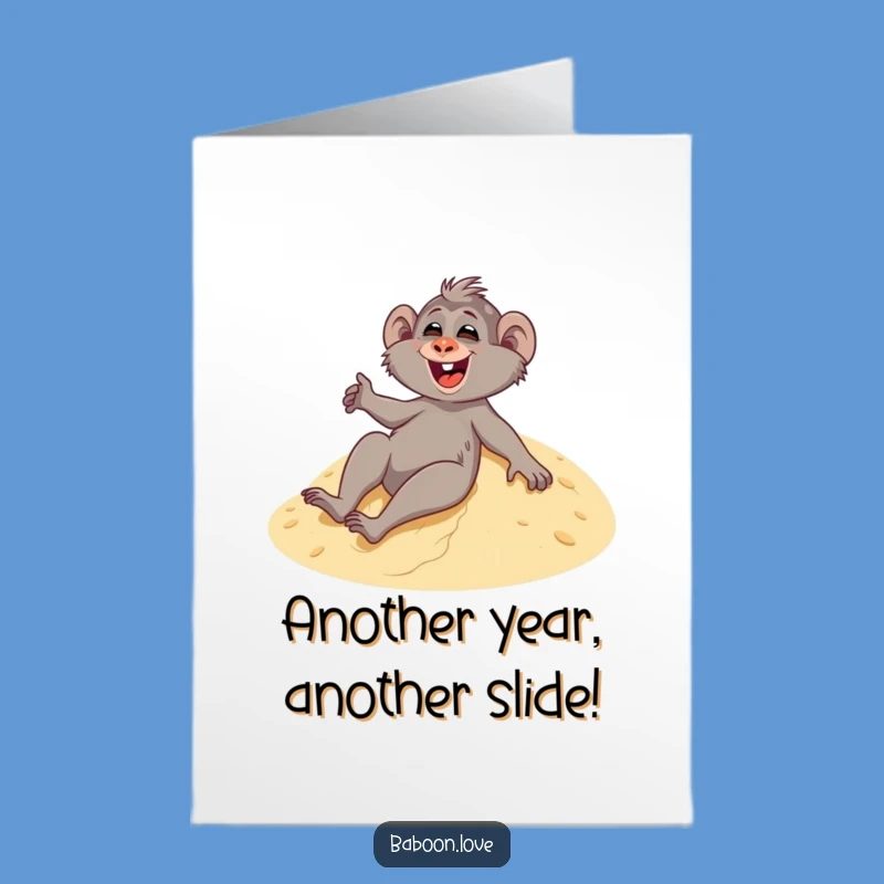 Free Printable Birthday Card: Giggling Baboon Sandboarding, Hilarious Downloadable Gift for Adventure Lovers