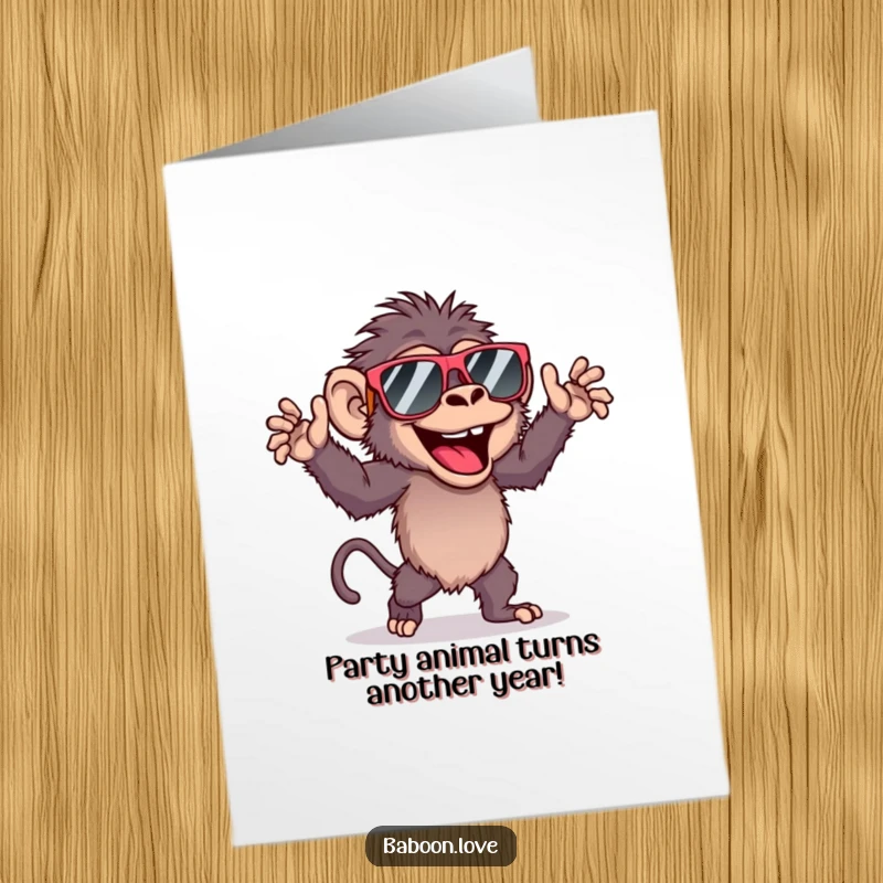 Funny Free Printable Birthday Card: Joyful baboon in sunglasses dancing energetically, a hilarious downloadable gift for laughs.