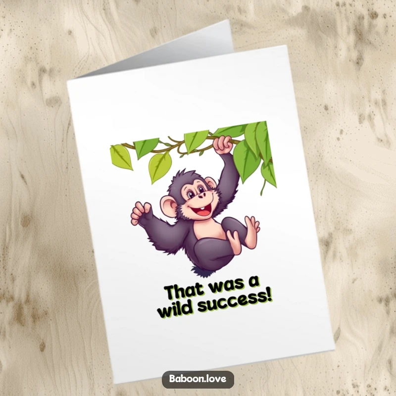 Funny Free Printable Congratulations Card: Mischievous baboon sliding down a vine with glee, a hilarious downloadable gift.