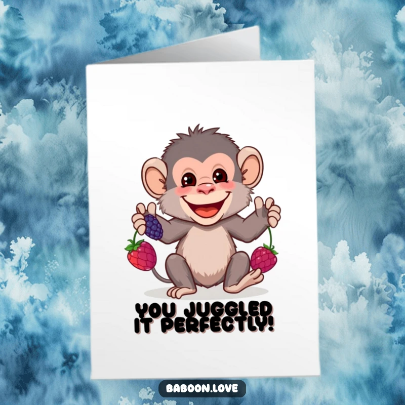 Funny Free Printable Congratulations Card: A grinning baboon expertly juggling colorful berries, symbolizing a successful achievement.