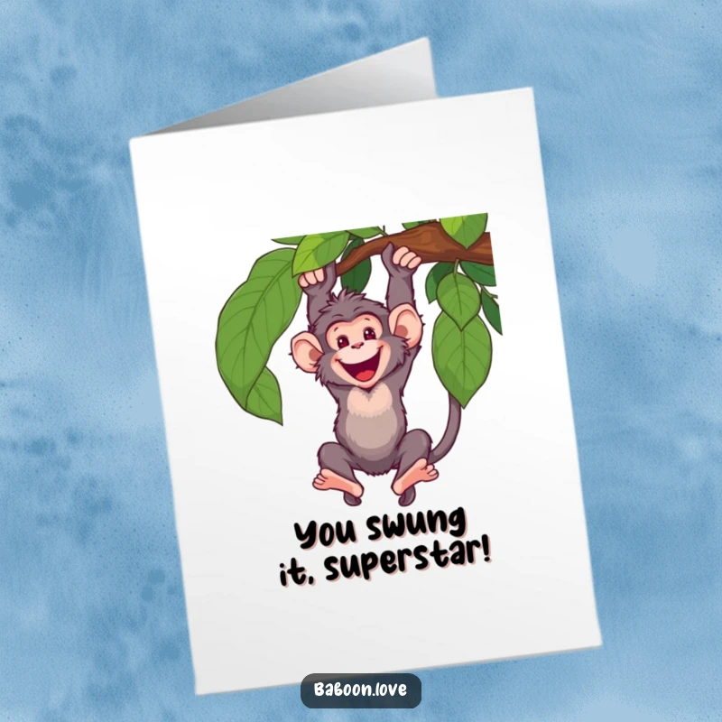 Funny Free Printable Congratulations Card: A baboon enthusiastically swinging from a vine, celebrating a big win with flair.