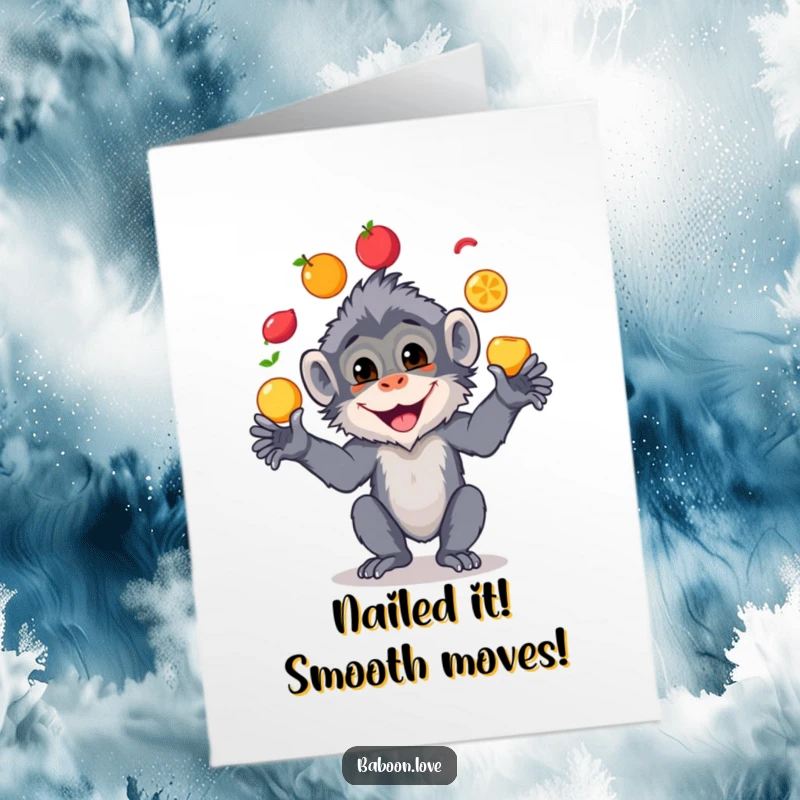 Funny Free Printable Congratulations Card showing a happy baboon masterfully juggling several vibrant fruits, celebrating a win.