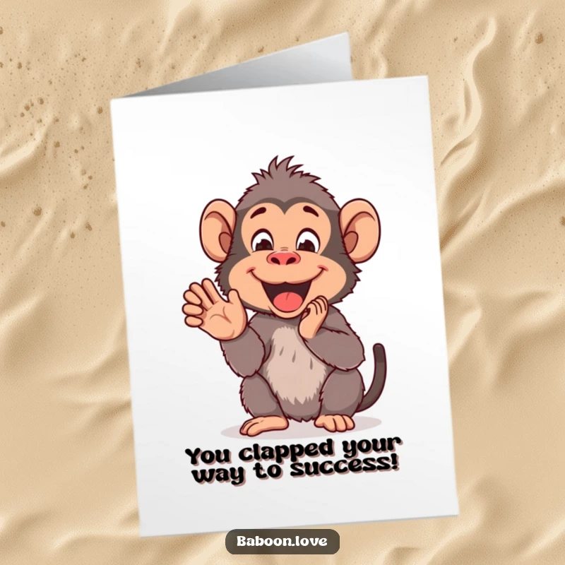 Funny Free Printable Congratulations Card: A cheerful baboon clapping its hands enthusiastically, celebrating a wonderful achievement.