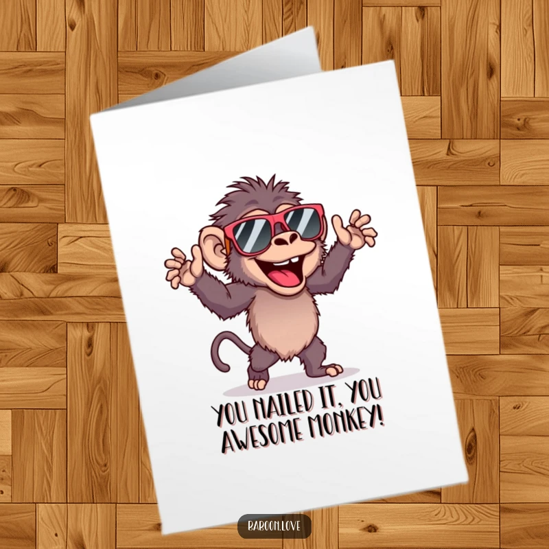 Funny Free Printable Congratulations Card: Energetic baboon in sunglasses dancing, a hilarious downloadable gift for celebrations.