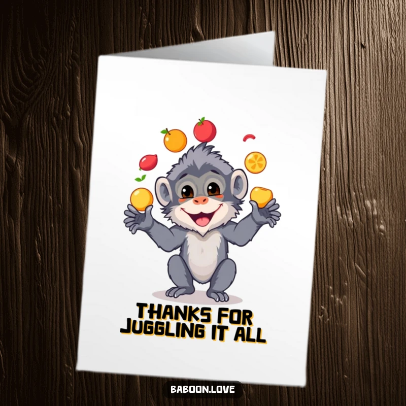 Funny Free Printable Thank You Card displaying a delighted baboon juggling a variety of colorful fruits as a gesture of thanks.